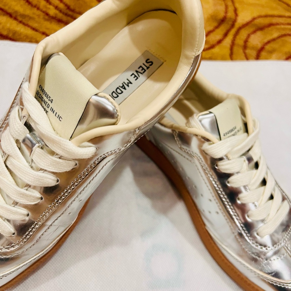 Steve Madden Silver Metallic Low-Top Sneakers with Cream Accents